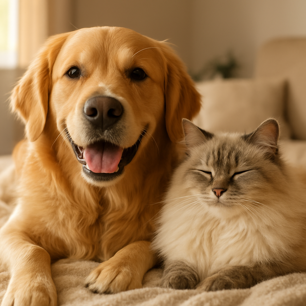 A happy golden retriever and fluffy cat resting comfortably indoors