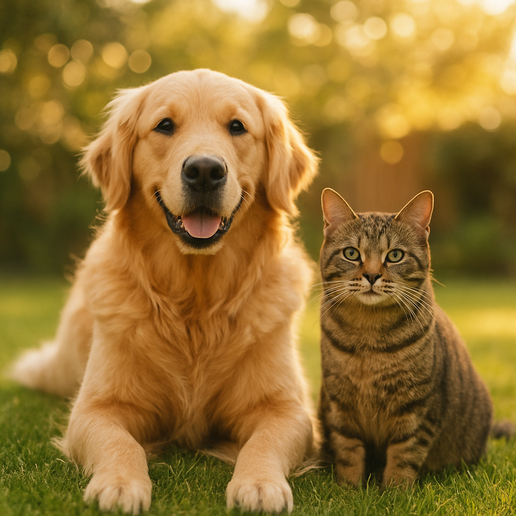 A golden retriever and tabby cat sitting together on lush green grass