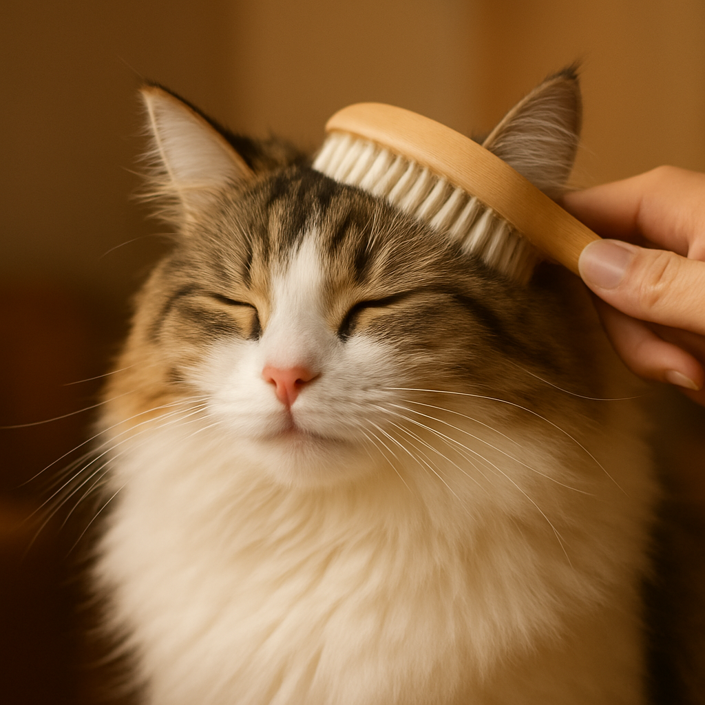 A cat being gently groomed in a professional setting