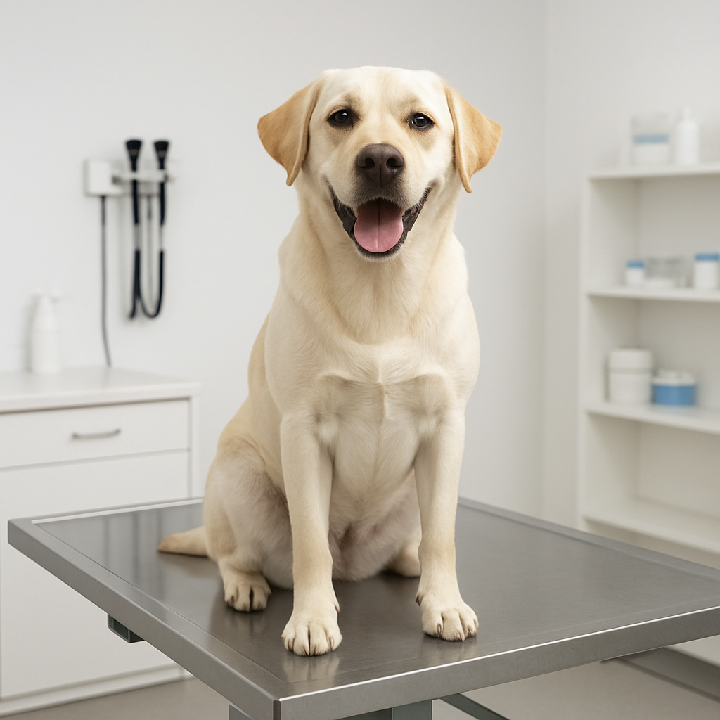 A healthy dog receiving professional animal care