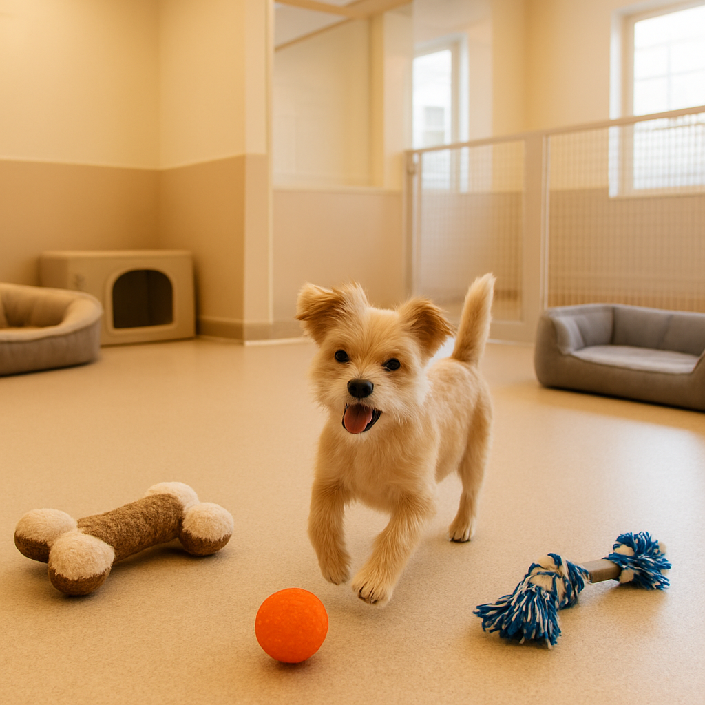 A small dog in a comfortable, safe indoor care environment